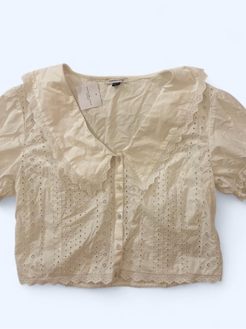 American Eagle Outfitters White Scalloped Eyelet Button-Front Top